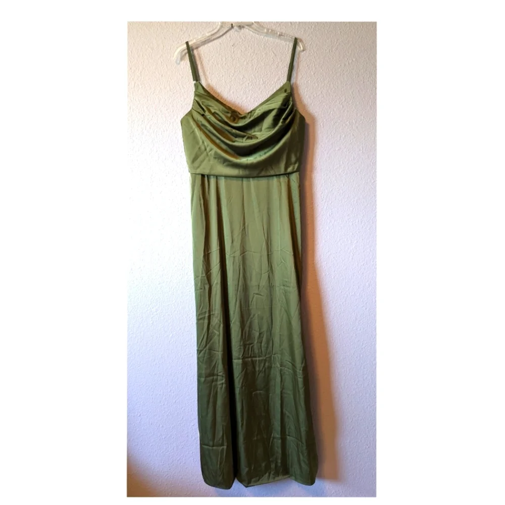 NEW  Somifa Olive Green Satin Maxi Dress Cowl Neck Spaghetti Straps Prom Sz. 14 - Picture 6 of 9